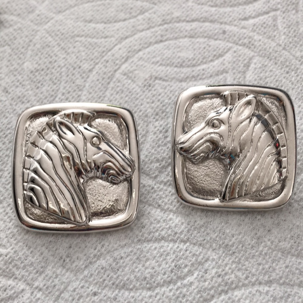 Silvertone square safari zebra earrings